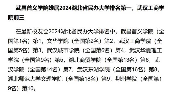 校友会2024年湖北省高职院校排名，武汉职业技术学院第一